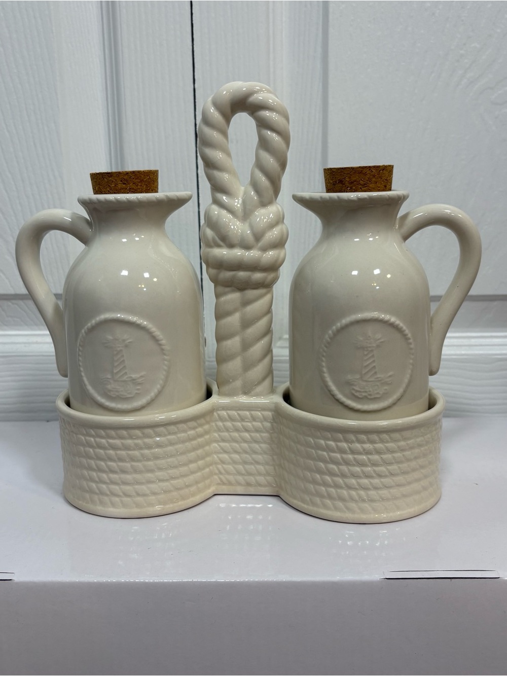American Atelier Nautical White Lighthouse Oil Vinegar Cruet Set Coastal